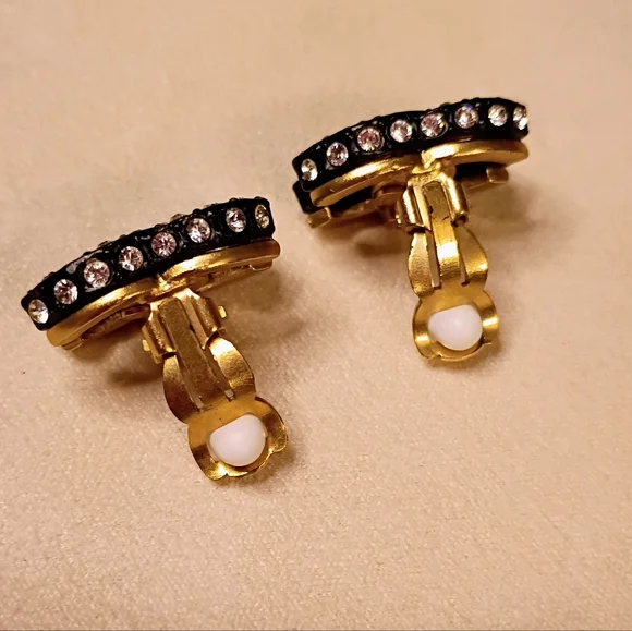 Chanel Vintage Crystal Strass Interlocking CC Clip-on Earrings